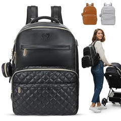 Faux Leather Diaper Bag Backpack - Luxury PU Leather Diaper Bag with Changing Pad & Pacifier Case