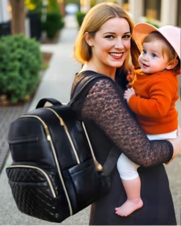 JustBaby Luv Faux Leather Diaper Bag Backpack - Luxury PU Leather Diaper Bag with Changing Pad and Pacifier Case