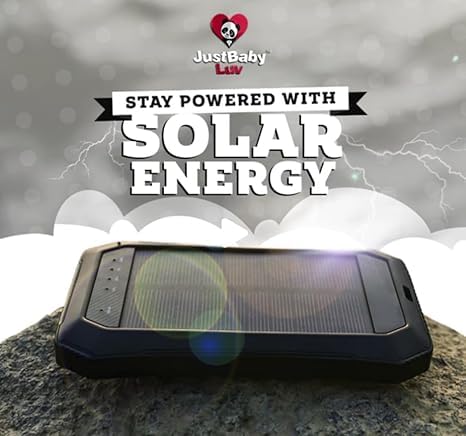JustBaby Luv Solar Power Bank 10000mAh - Phone Charger with 20 LED Lights, Fast Charging for 3 Devices, Solar Phone Charger, Power Bank for Camping, Travel & Emergencies