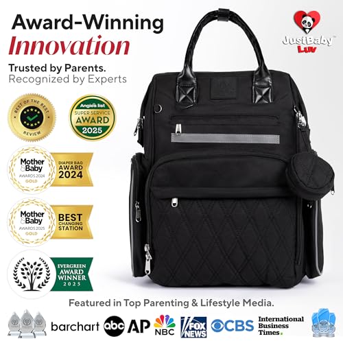 JustBaby Luv Award-Winning Large Diaper Bag with Changing Station – Eco-Friendly Evergreen Winner Large Diaper Bag Backpack w/ Heated Bottle Pockets, Premium All-in-One Backpack, Baby Essentials, Parents Gift