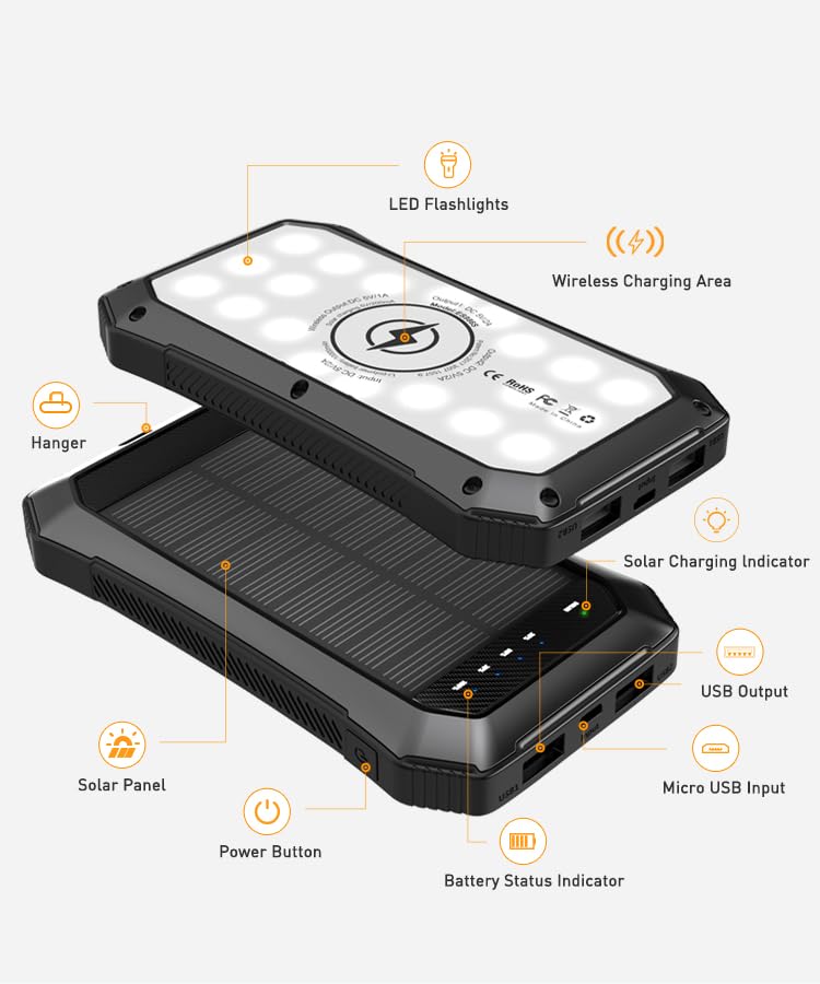 JustBaby Luv Solar Power Bank 10000mAh - Wireless Charger with 20 LED Lights, Fast Charging for 3 Devices, Solar Phone Charger, Power Bank for Camping, Travel & Emergencies