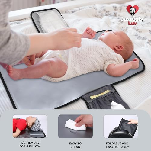 JustBaby Luv Faux Leather Diaper Bag Backpack - Luxury PU Leather Diaper Bag with Changing Pad and Pacifier Case