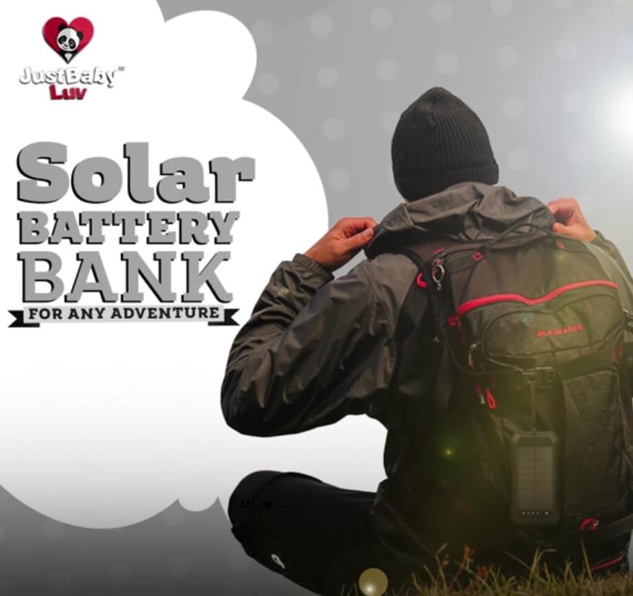 JustBaby Luv Solar Power Bank 10000mAh - Wireless Charger with 20 LED Lights, Fast Charging for 3 Devices, Solar Phone Charger, Power Bank for Camping, Travel & Emergencies