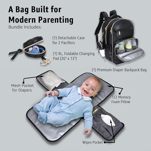 JustBaby Luv Faux Leather Diaper Bag Backpack - Luxury PU Leather Diaper Bag with Changing Pad and Pacifier Case