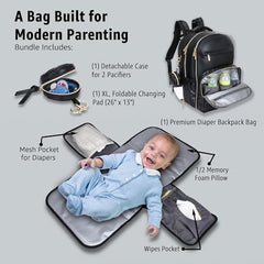 JustBaby Luv Faux Leather Diaper Bag Backpack - Luxury PU Leather Diaper Bag with Changing Pad and Pacifier Case