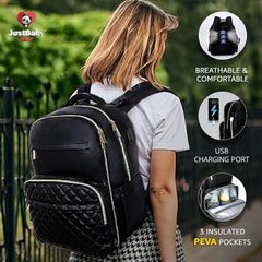 JustBaby Luv Faux Leather Diaper Bag Backpack - Luxury PU Leather Diaper Bag with Changing Pad and Pacifier Case