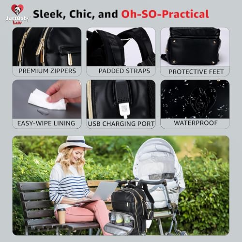 JustBaby Luv Faux Leather Diaper Bag Backpack - Luxury PU Leather Diaper Bag with Changing Pad and Pacifier Case