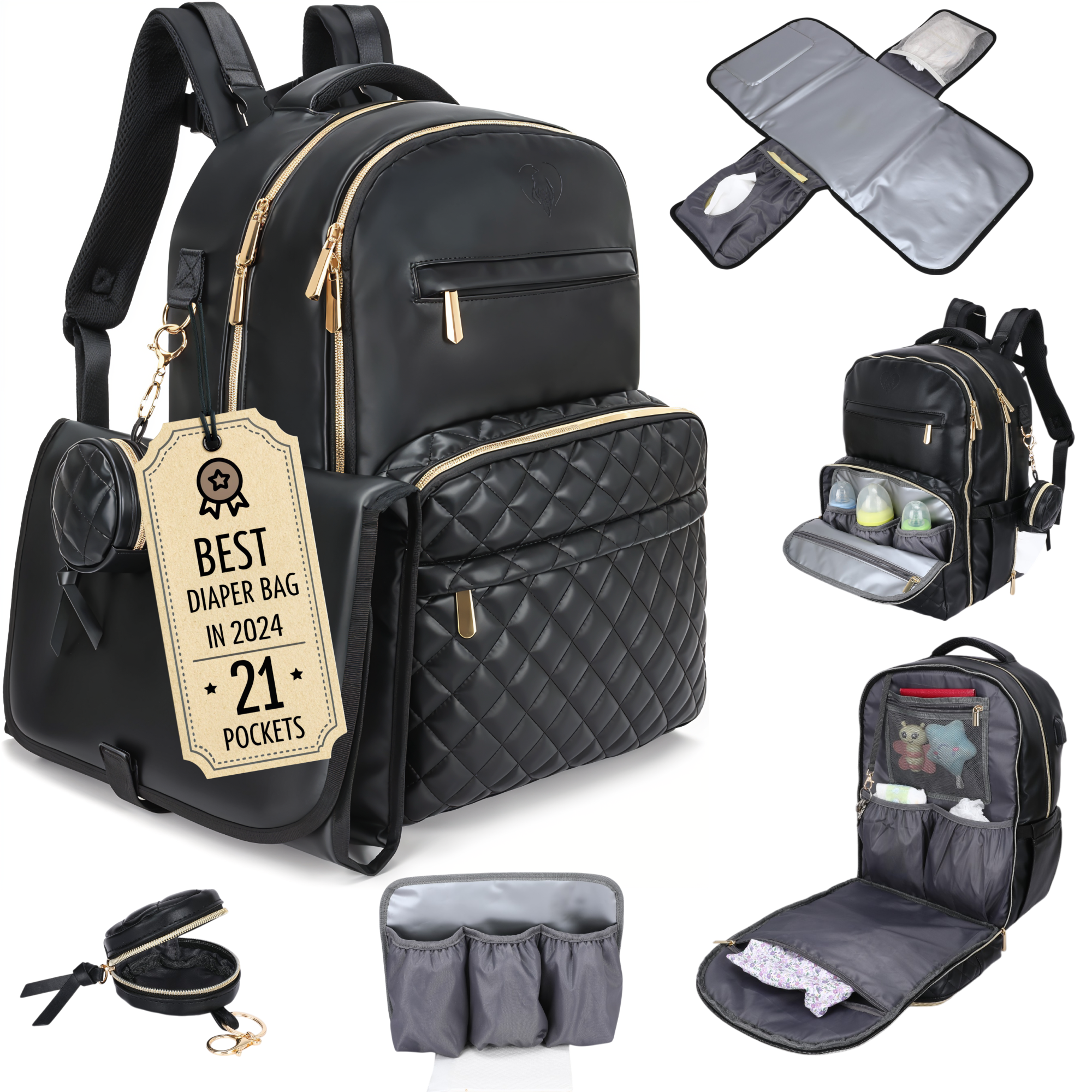 JustBaby Luv Faux Leather Diaper Bag Backpack - Luxury PU Leather Diaper Bag with Changing Pad and Pacifier Case
