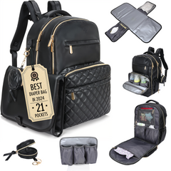 JustBaby Luv Faux Leather Diaper Bag Backpack - Luxury PU Leather Diaper Bag with Changing Pad and Pacifier Case
