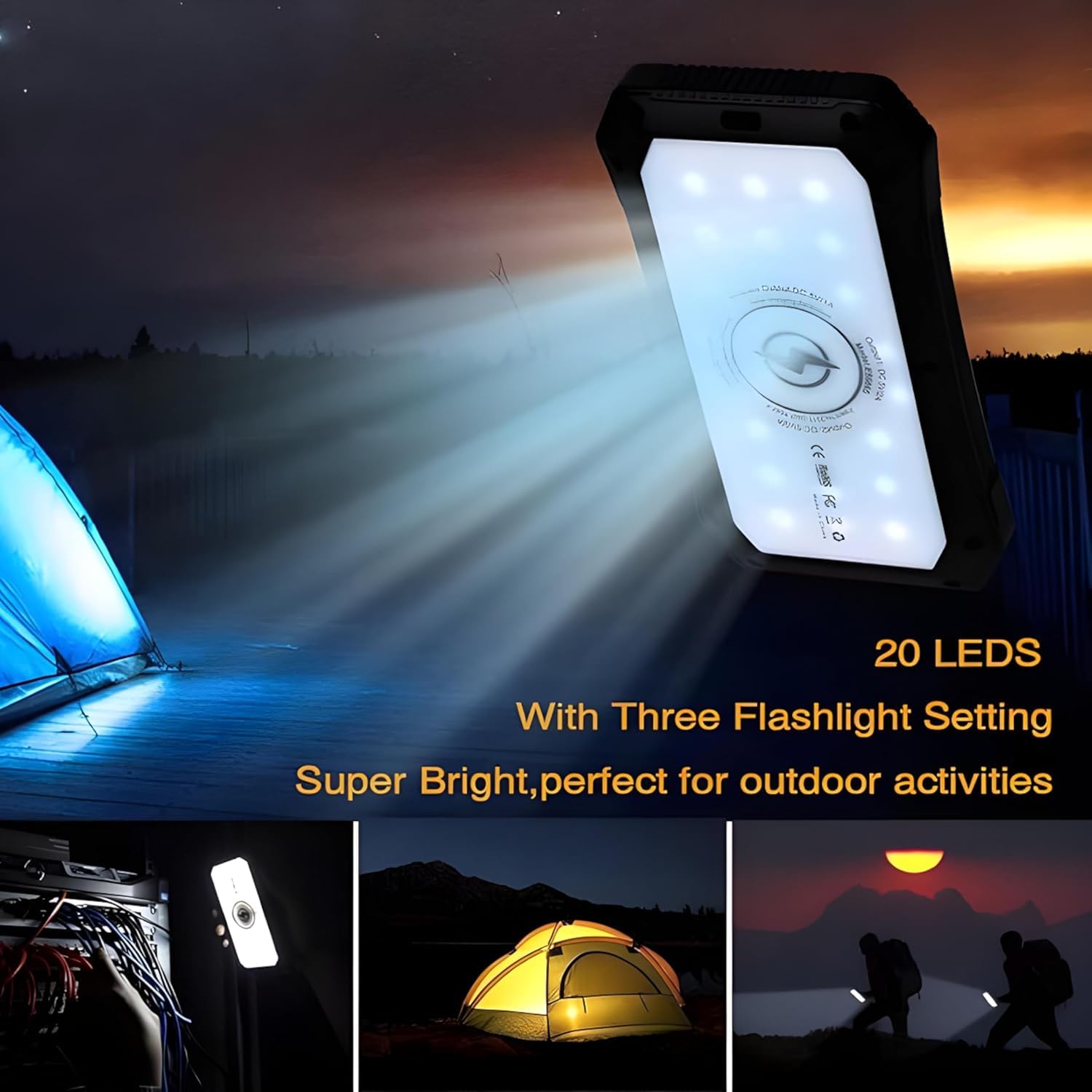 JustBaby Luv Solar Power Bank 10000mAh - Phone Charger with 20 LED Lights, Fast Charging for 3 Devices, Solar Phone Charger, Power Bank for Camping, Travel & Emergencies
