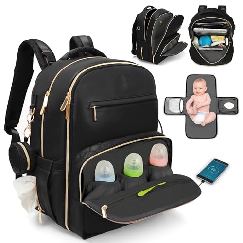 Faux Leather Diaper Bag Backpack - Luxury PU Leather Diaper Bag with Changing Pad & Pacifier Case