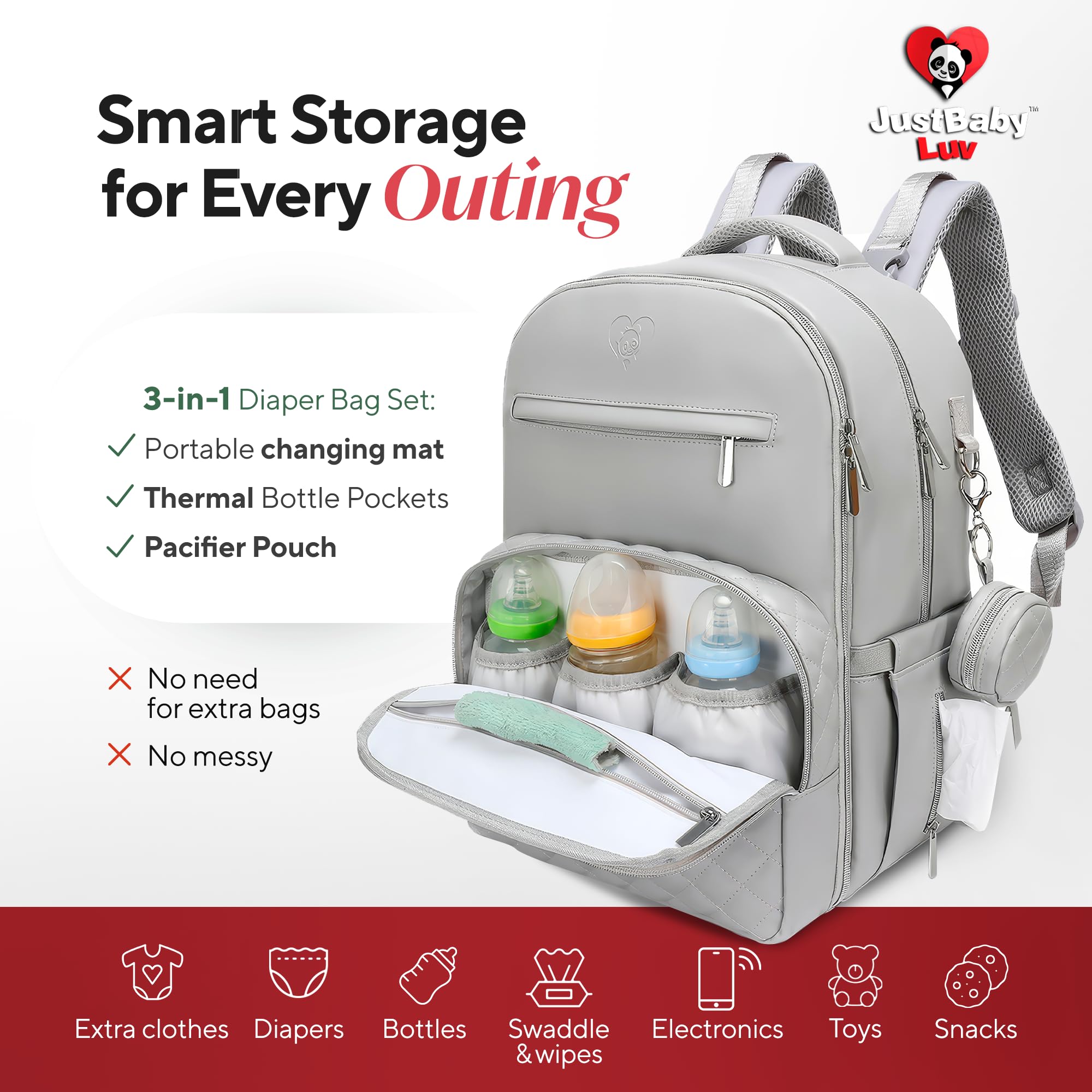 Faux Leather Diaper Bag Backpack - Luxury PU Leather Diaper Bag with Changing Pad & Pacifier Case