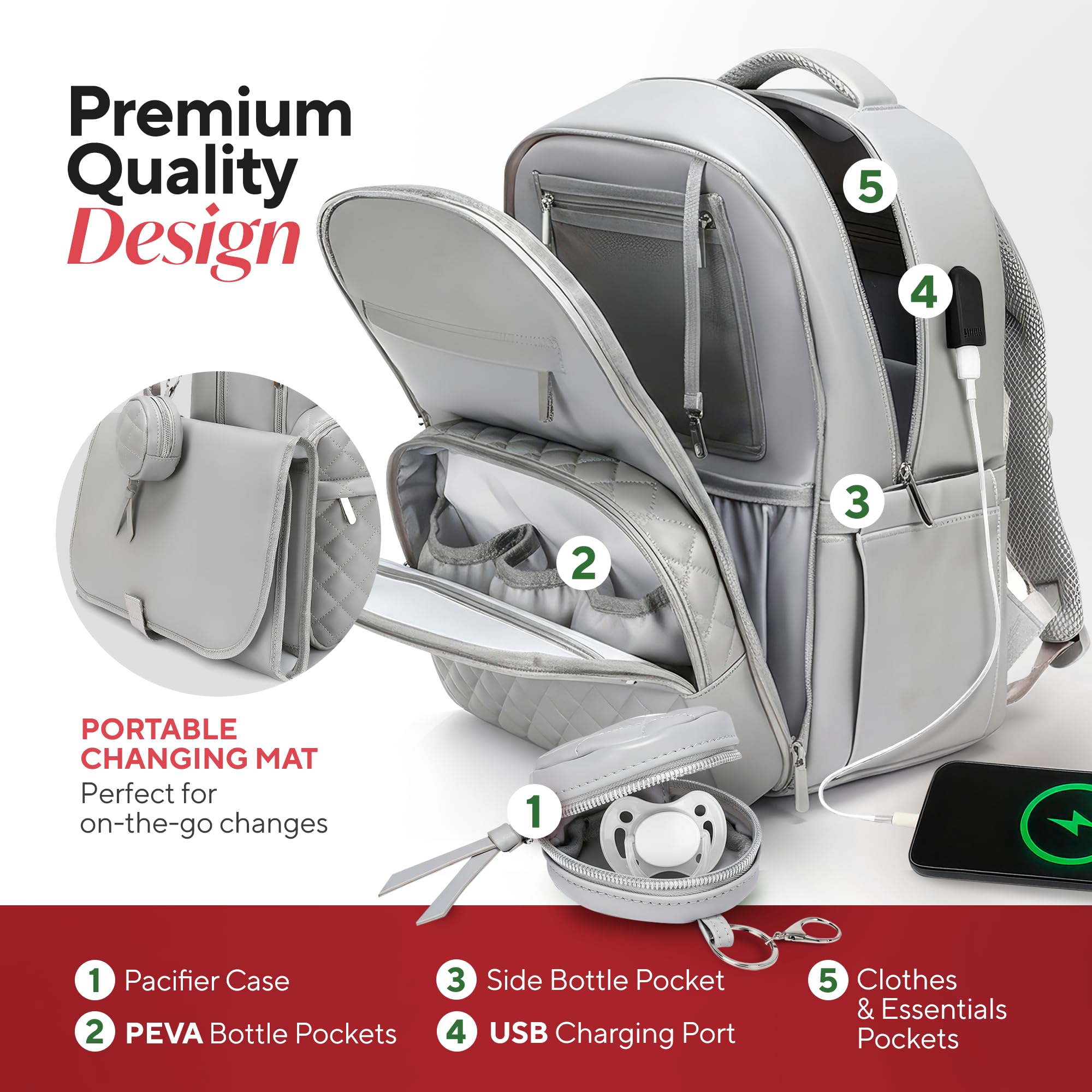 Faux Leather Diaper Bag Backpack - Luxury PU Leather Diaper Bag with Changing Pad & Pacifier Case