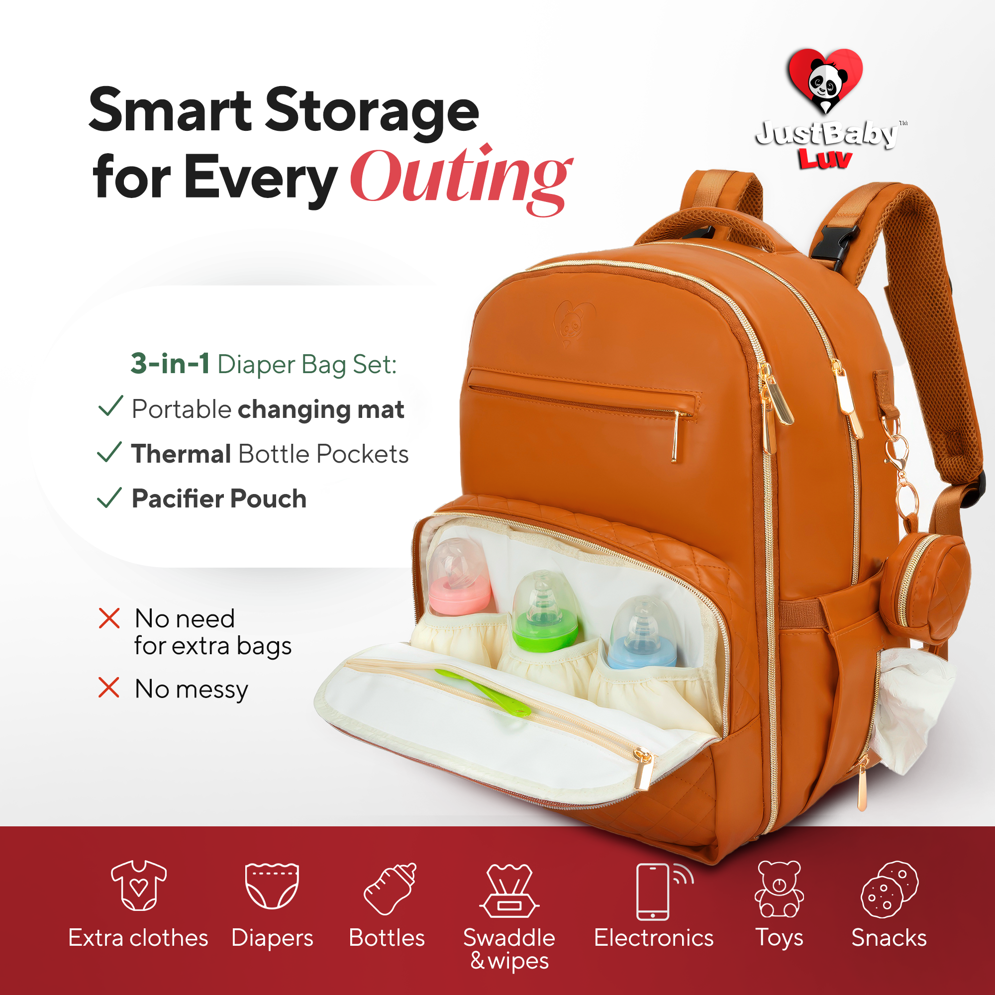 Faux Leather Diaper Bag Backpack - Luxury PU Leather Diaper Bag with Changing Pad & Pacifier Case