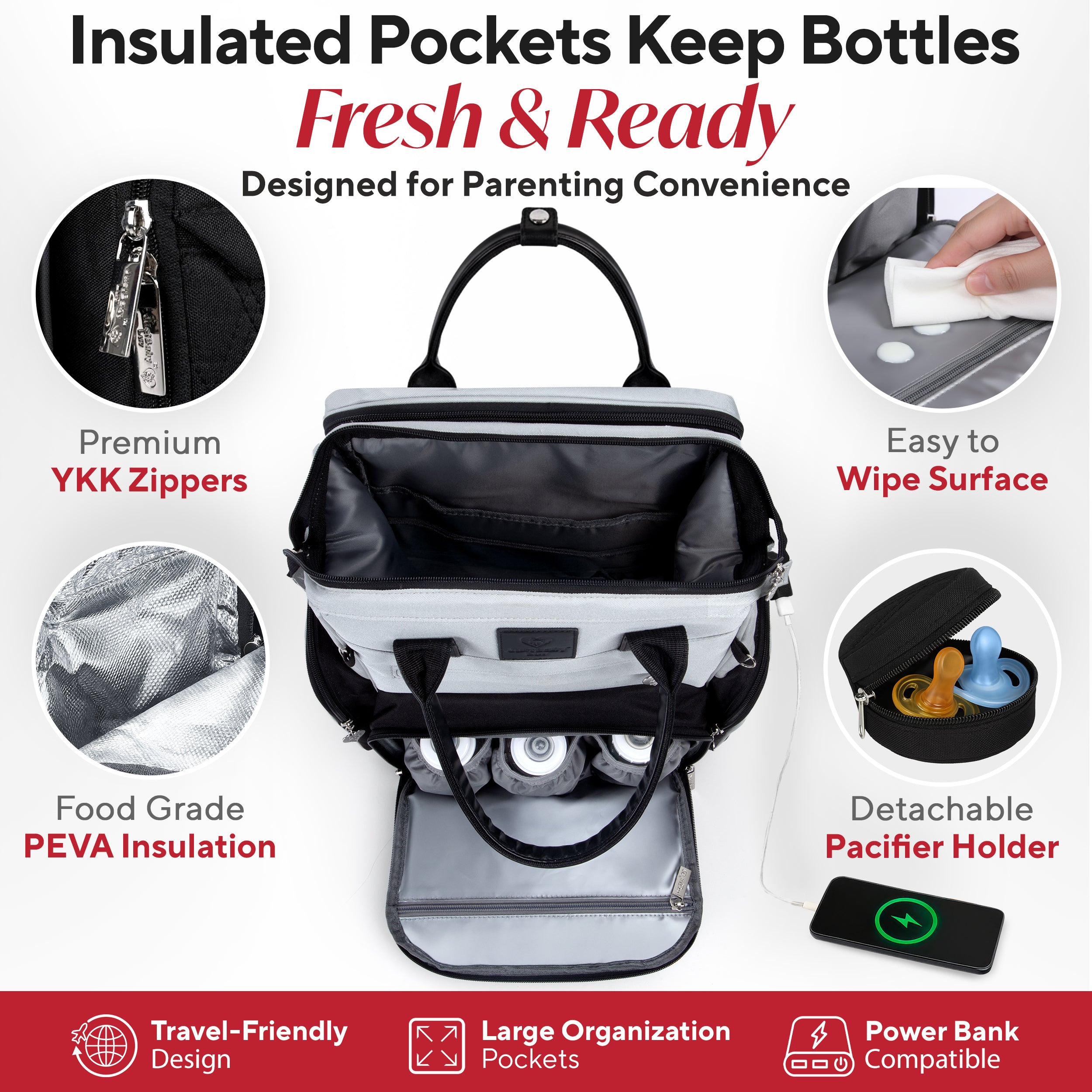 Award-Winning Large Diaper Bag with Changing Station – Eco-Friendly Evergreen Winner Large Diaper Bag Backpack w/ Heated Bottle Pockets, Premium All-in-One Backpack, Baby Essentials, Parents Gift