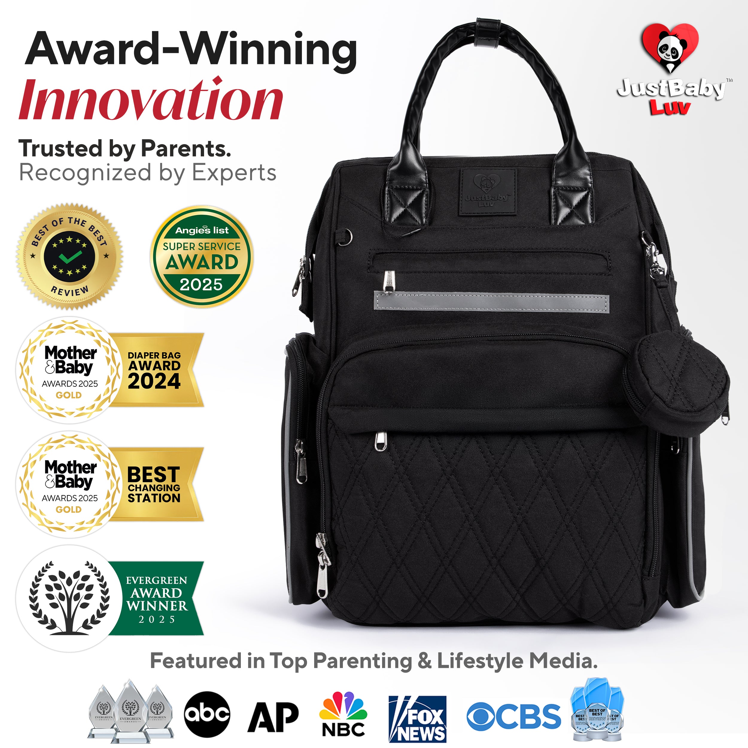 Award-Winning Large Diaper Bag with Changing Station – Eco-Friendly Evergreen Winner Large Diaper Bag Backpack w/ Heated Bottle Pockets, Premium All-in-One Backpack, Baby Essentials, Parents Gift