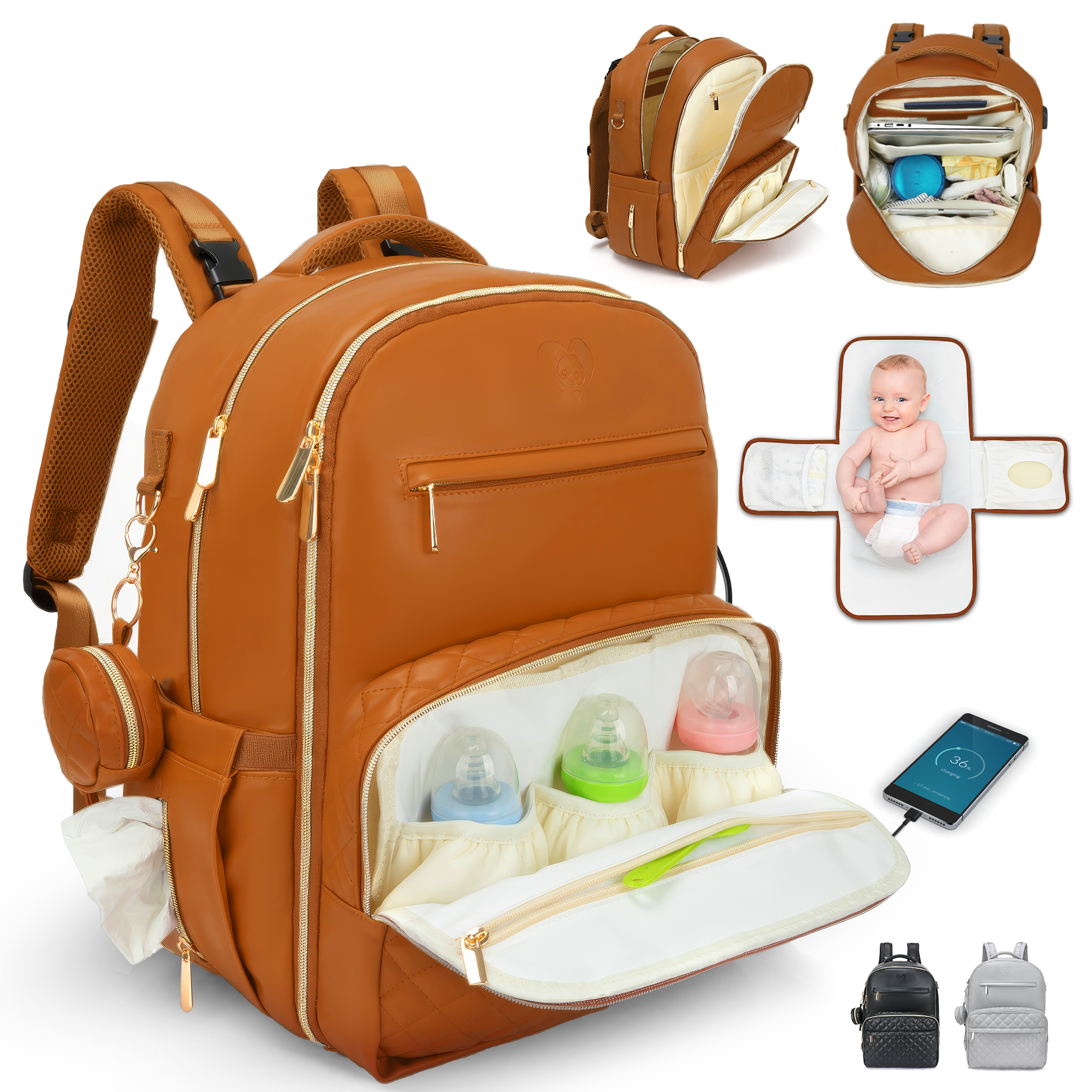Faux Leather Diaper Bag Backpack - Luxury PU Leather Diaper Bag with Changing Pad & Pacifier Case